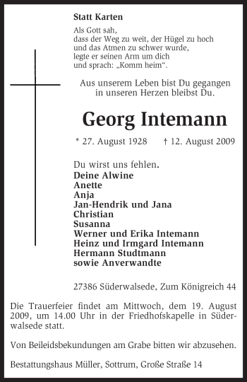 Traueranzeige von Georg Intemann von KREISZEITUNG SYKE