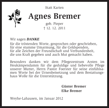 Traueranzeige von Agnes Bremer von KREISZEITUNG SYKE