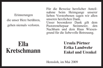 Traueranzeige von Ella Kretschmann von KREISZEITUNG SYKE