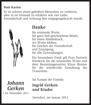 Traueranzeige von Johann Gerken von KREISZEITUNG SYKE