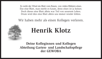 Traueranzeige von Henrik Klotz von KREISZEITUNG SYKE