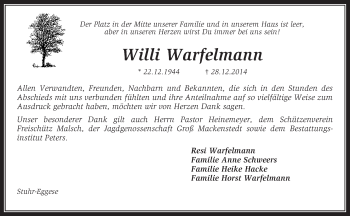 Traueranzeige von Willi Warfelmann von KRZ