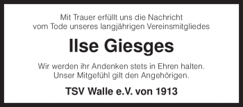 Traueranzeige von Ilse Giesges von KREISZEITUNG SYKE