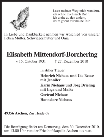 Traueranzeige von Elisabeth Mittendorf-Borchering von KREISZEITUNG SYKE