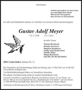 Traueranzeige von Gustav Adolf Meyer von KREISZEITUNG SYKE