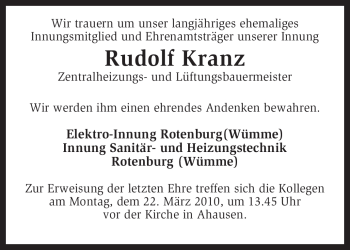 Traueranzeige von Rudolf Kranz von KREISZEITUNG SYKE