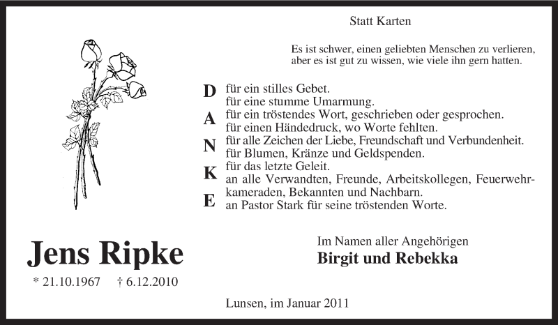  Traueranzeige für Jens Ripke vom 15.01.2011 aus KRZ