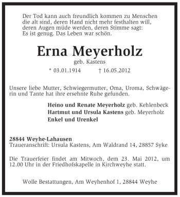 Traueranzeige von Erna Meyerholz von KREISZEITUNG SYKE