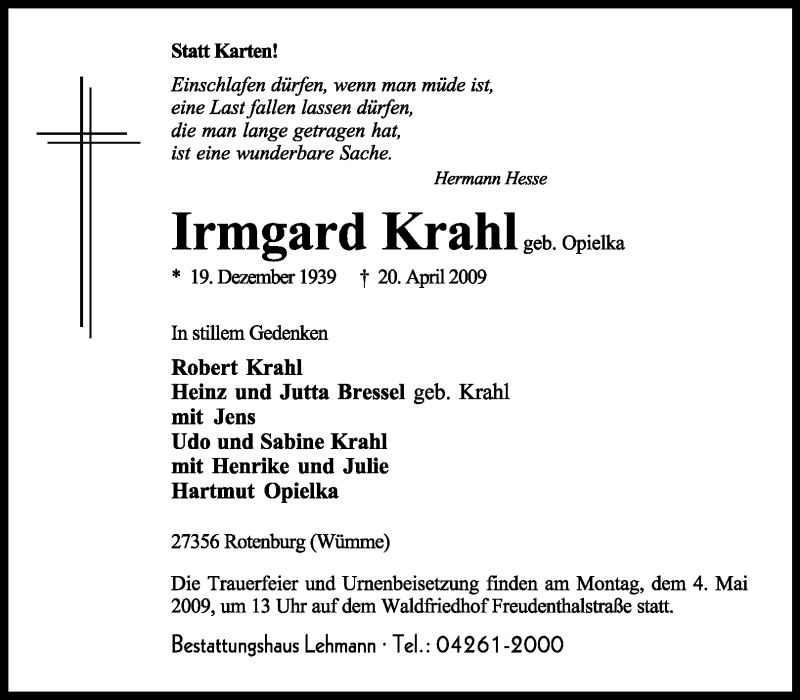  Traueranzeige für Irmgard Krahl vom 27.04.2009 aus KREISZEITUNG SYKE