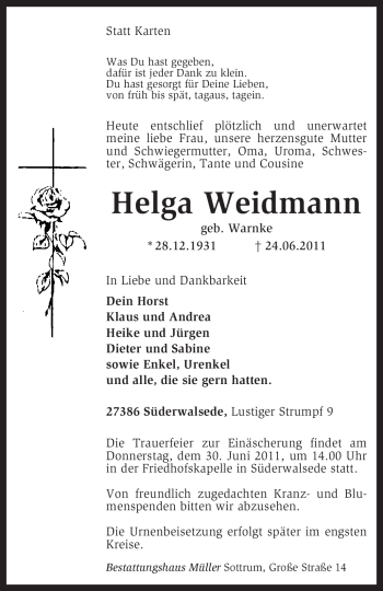 Traueranzeige von Helga Weidmann von KREISZEITUNG SYKE