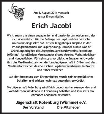 Traueranzeige von Erich Jacobi von KREISZEITUNG SYKE