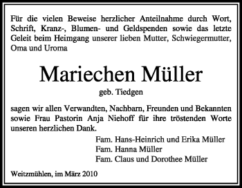 Traueranzeige von Mariechen Müller von KREISZEITUNG SYKE