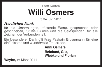 Traueranzeige von Willi Osmers von KRZ