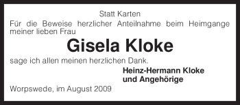 Traueranzeige von Gisela Kloke von KREISZEITUNG SYKE