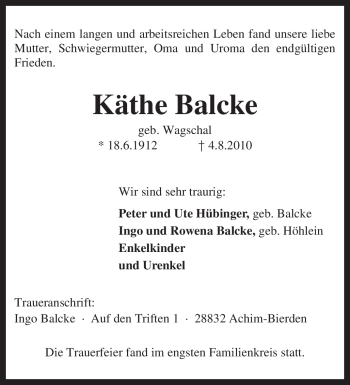 Traueranzeige von Käthe Balcke von KREISZEITUNG SYKE