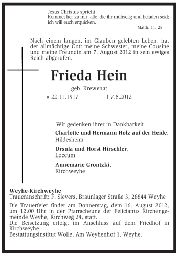 Traueranzeige von Frieda Hein von KREISZEITUNG SYKE