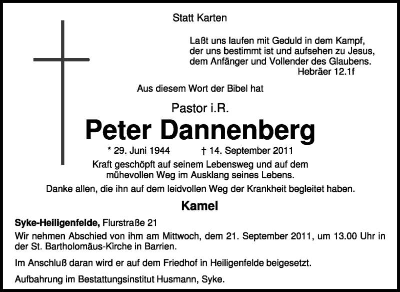  Traueranzeige für Peter Dannenberg vom 17.09.2011 aus KREISZEITUNG SYKE