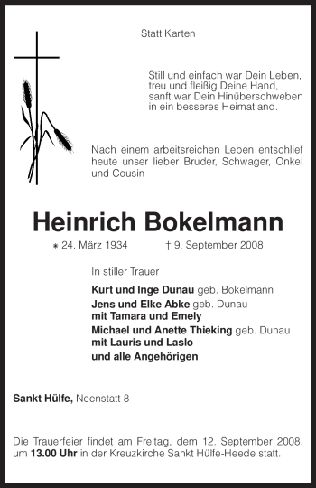 Traueranzeige von Heinrich Bokelmann von KREISZEITUNG SYKE