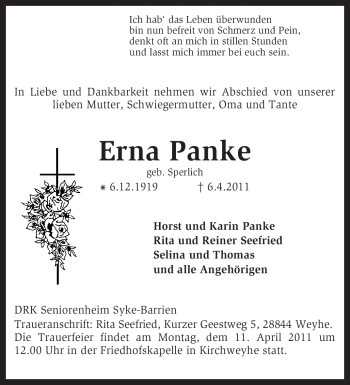 Traueranzeige von Erna Panke von KREISZEITUNG SYKE