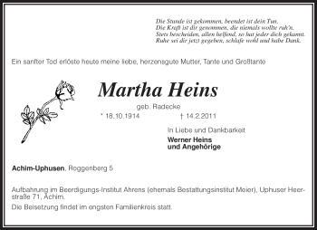 Traueranzeige von Martha Heins von KREISZEITUNG SYKE