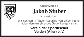 Traueranzeige von Jakob Stuber von KREISZEITUNG SYKE