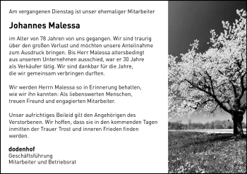 Traueranzeige von Johannes Malessa von KREISZEITUNG SYKE