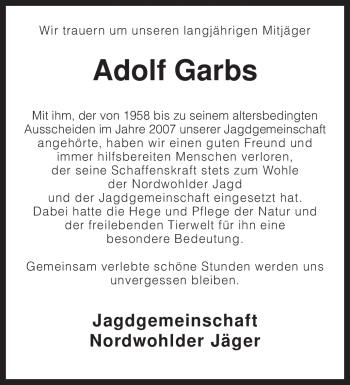 Traueranzeige von Adolf Garbs von KREISZEITUNG SYKE