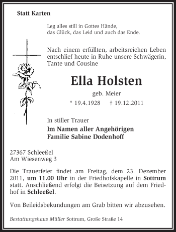 Traueranzeige von Ella Holsten von KREISZEITUNG SYKE