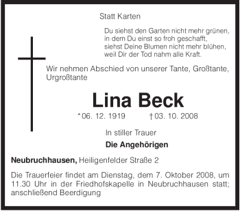 Traueranzeigen von Lina Beck | trauer.kreiszeitung.de