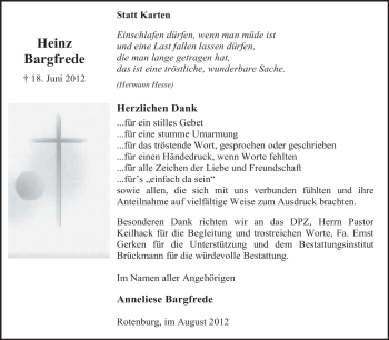 Traueranzeige von Heinz Bargfrede von KREISZEITUNG SYKE
