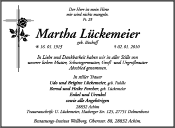 Traueranzeige von Martha Lückemeier von KREISZEITUNG SYKE