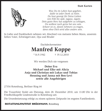 Traueranzeige von Manfred Koppe von KREISZEITUNG SYKE
