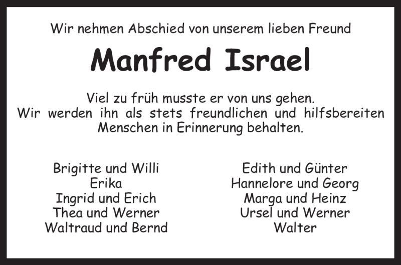  Traueranzeige für Manfred Israel vom 03.01.2012 aus KREISZEITUNG SYKE