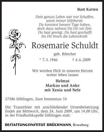 Traueranzeige von Rosemarie Schuldt von KREISZEITUNG SYKE