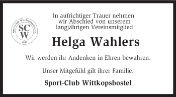 Traueranzeige von Helga Wahlers von KRZ