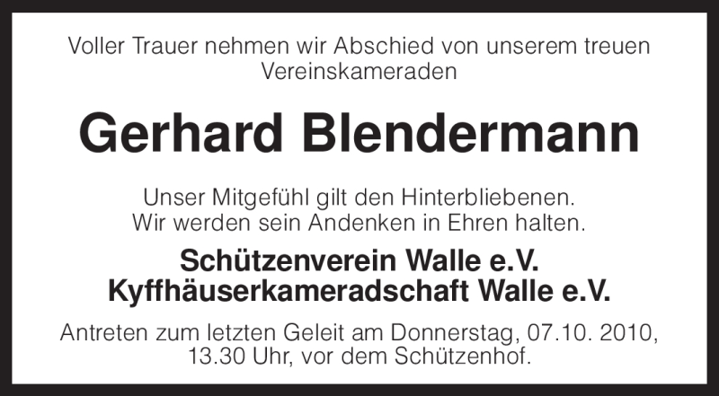  Traueranzeige für Gerhard Blendermann vom 05.10.2010 aus KREISZEITUNG SYKE