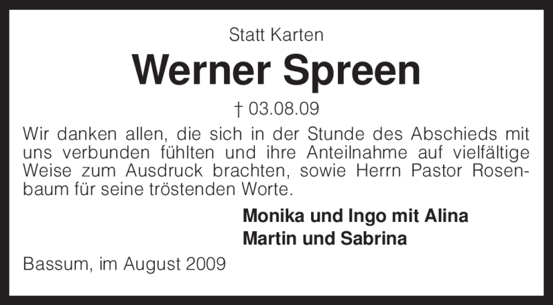  Traueranzeige für Werner Spreen vom 22.08.2009 aus KREISZEITUNG SYKE