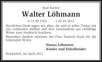 Traueranzeige von Walter Löhmann von KREISZEITUNG SYKE