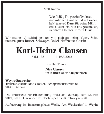 Traueranzeige von Karl-Heinz Clausen von KREISZEITUNG SYKE