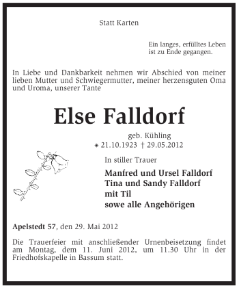 Traueranzeige von Else Falldorf von KREISZEITUNG SYKE