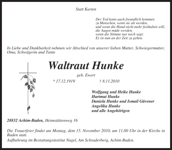 Traueranzeige von Waltraut Hunke von KREISZEITUNG SYKE