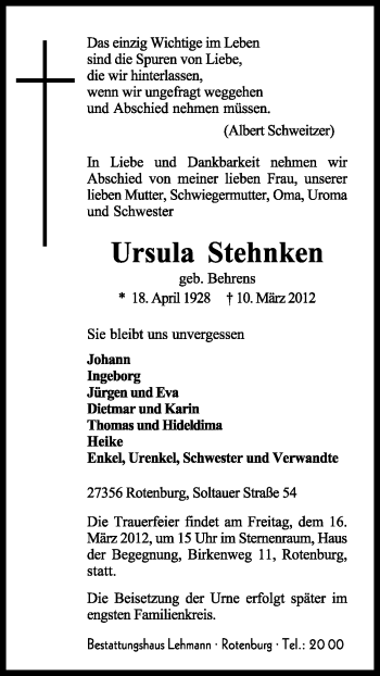 Traueranzeige von Ursula Stehnken von KREISZEITUNG SYKE