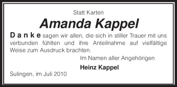 Traueranzeige von Amanda Kappel von KREISZEITUNG SYKE