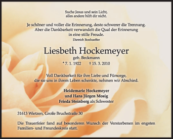 Traueranzeige von Liesbeth Hockemeyer von KREISZEITUNG SYKE