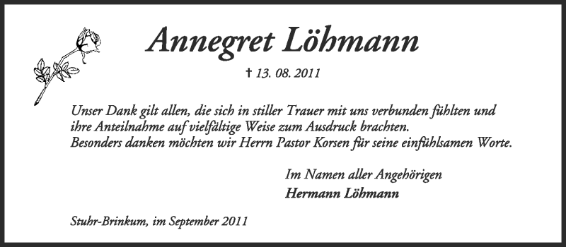  Traueranzeige für Annegret Löhmann vom 17.09.2011 aus KREISZEITUNG SYKE