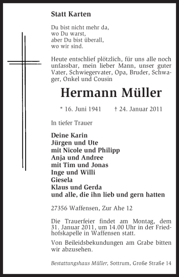 Traueranzeige von Hermann Müller von KREISZEITUNG SYKE