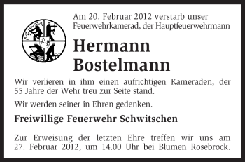 Traueranzeige von Hermann Bostelmann von KREISZEITUNG SYKE