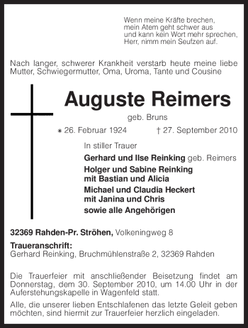 Traueranzeige von Auguste Reimers von KREISZEITUNG SYKE