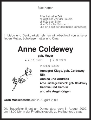 Traueranzeige von Anne Coldewey von KREISZEITUNG SYKE