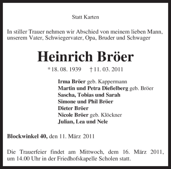 Traueranzeige von Heinrich Bröer von KREISZEITUNG SYKE